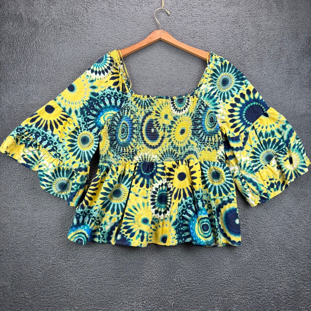 Terra & Sky Womens 2X Yellow Blue Mandala Smocked Peplum Bell Sleeve‎ Blouse